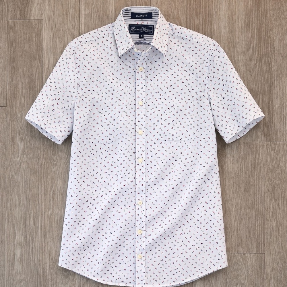 Men's White and Blue Patterned Shirt